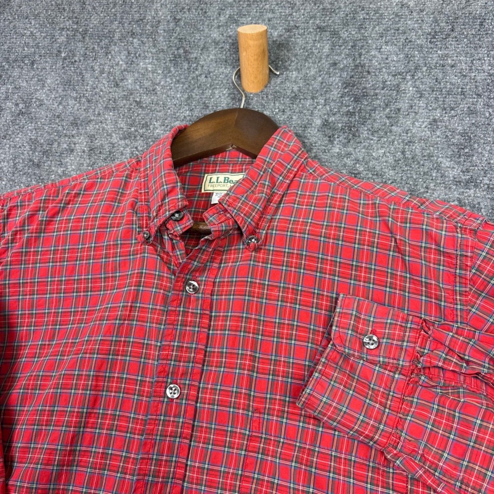 L.L. Bean Button Down Shirt Mens M Red Plaid Long Sleeve Cotton USA Made 0645